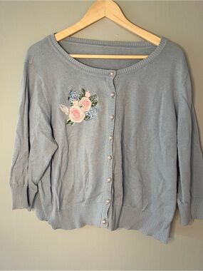 Collectif Pale Blue Floral Patch Pearl-Button Cardigan
